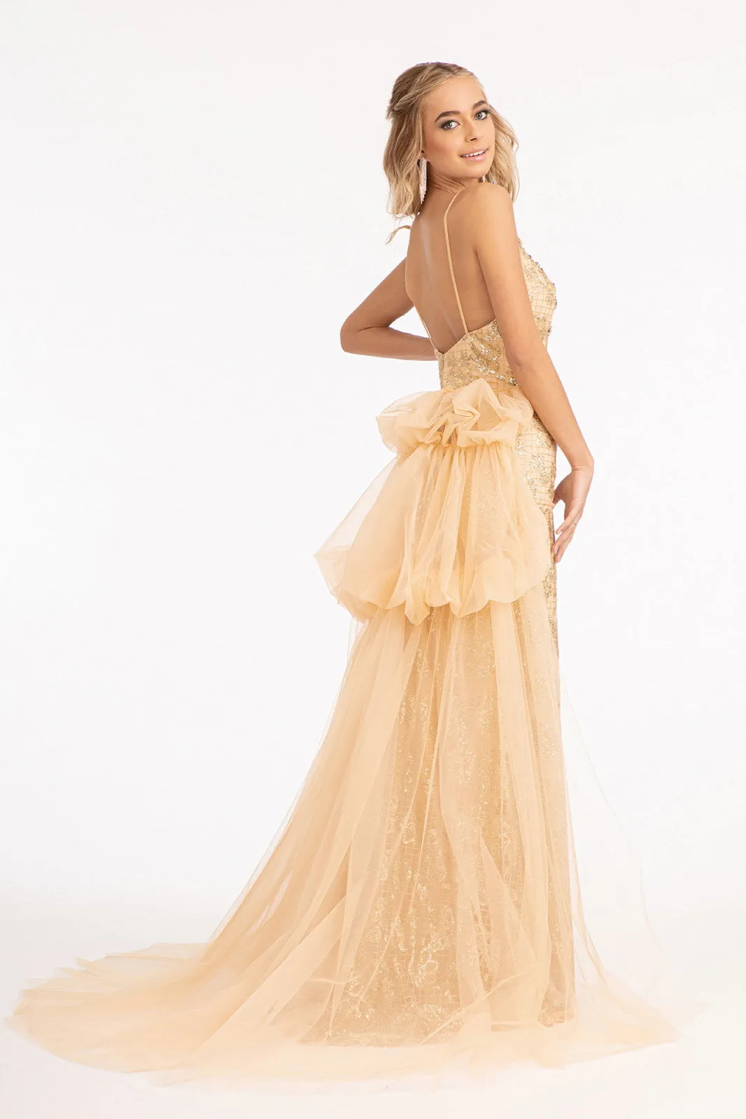 Glitter Embellished Mesh Mermaid Jewel Embellishment and Detached Layer Long Prom Dress GLGL3004