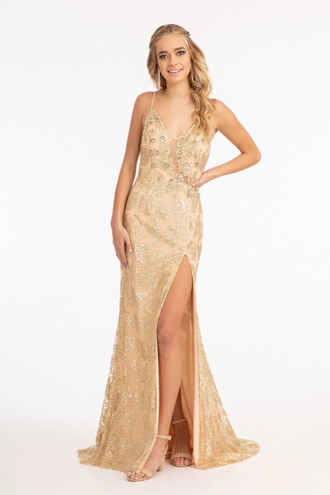 Glitter Embellished Mesh Mermaid Jewel Embellishment and Detached Layer Long Prom Dress GLGL3004