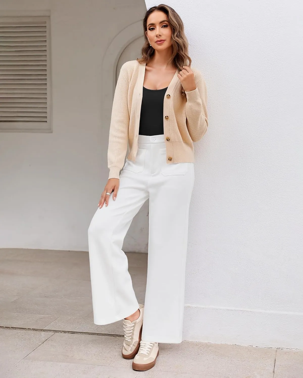 GRAPENT Wide Leg Pants Woman High Waisted Business Casual Elastic Waist Cropped Trouser Pockets Stretch Fall Knit Pants