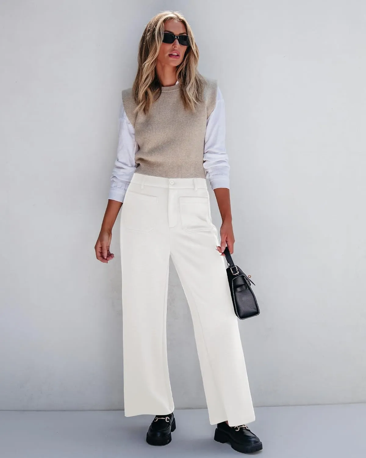 GRAPENT Wide Leg Pants Woman High Waisted Business Casual Elastic Waist Cropped Trouser Pockets Stretch Fall Knit Pants