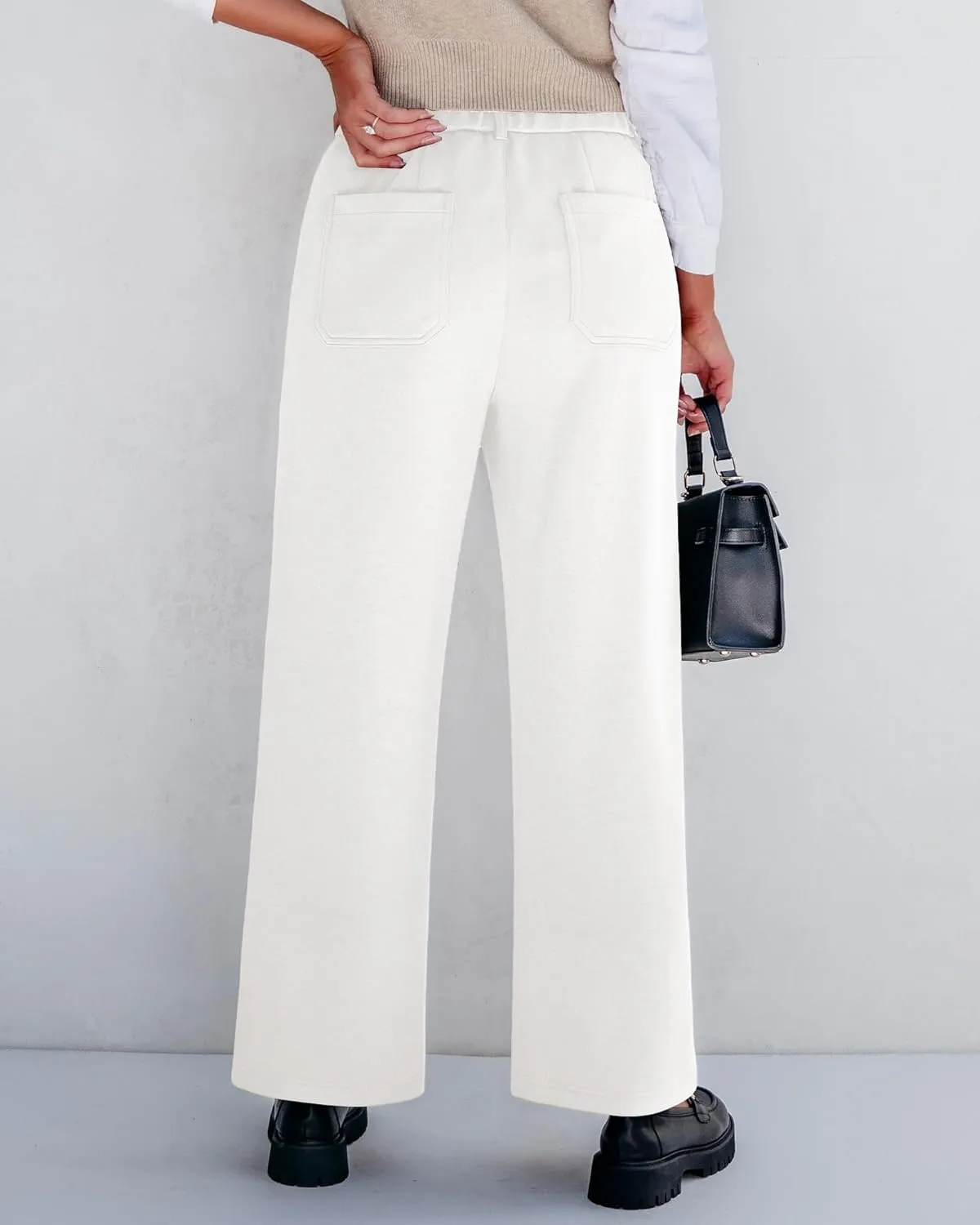 GRAPENT Wide Leg Pants Woman High Waisted Business Casual Elastic Waist Cropped Trouser Pockets Stretch Fall Knit Pants