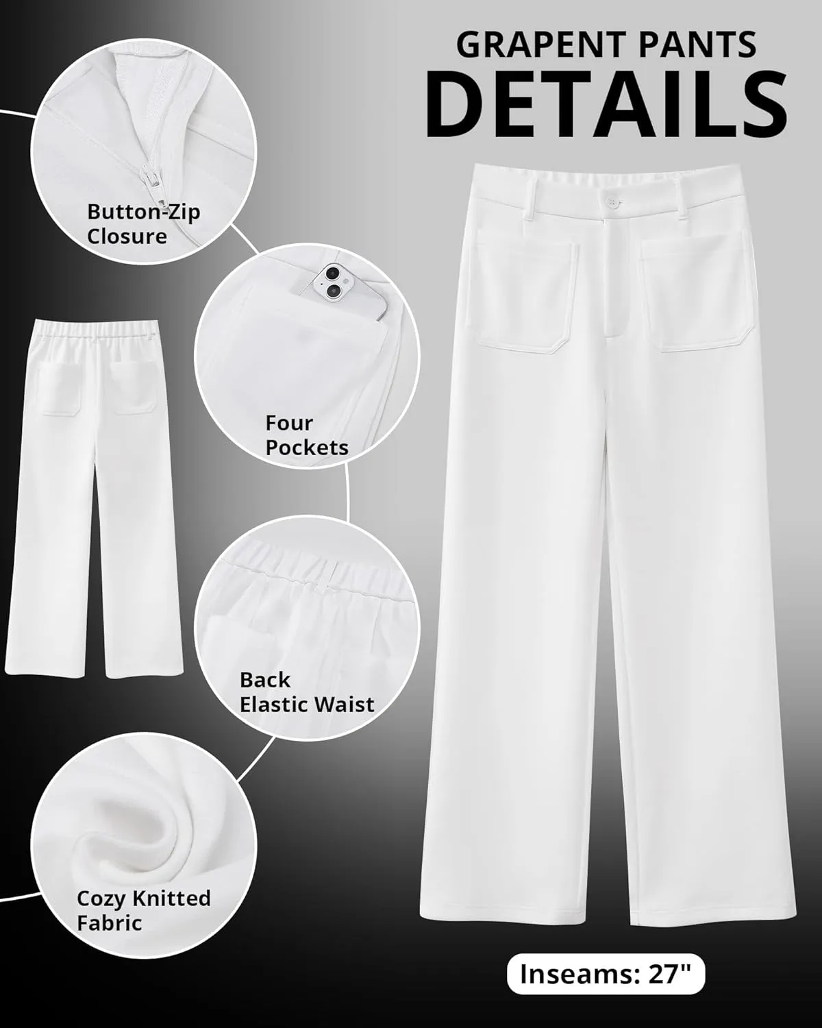 GRAPENT Wide Leg Pants Woman High Waisted Business Casual Elastic Waist Cropped Trouser Pockets Stretch Fall Knit Pants