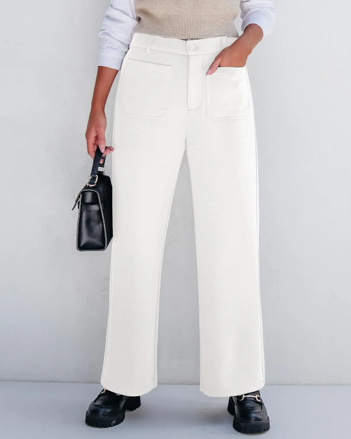 GRAPENT Wide Leg Pants Woman High Waisted Business Casual Elastic Waist Cropped Trouser Pockets Stretch Fall Knit Pants