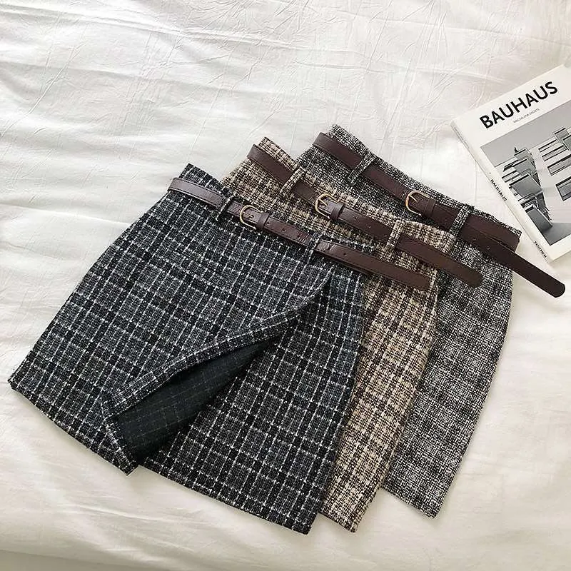High Waist A-line Mini Skirt Vintage Casual Women Plaid Skirt Chic Sashes Korean style Lady Skirt Female Autumn Sweet