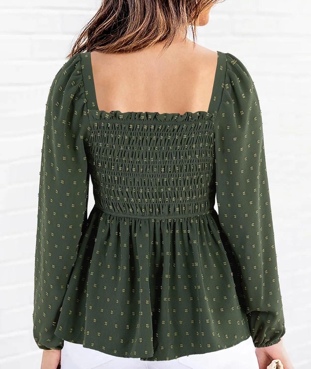Imysty Womens V Neck Smocked Peplum Tops Balloon Long Sleeve Swiss Dot Ruched Blouses Shirt