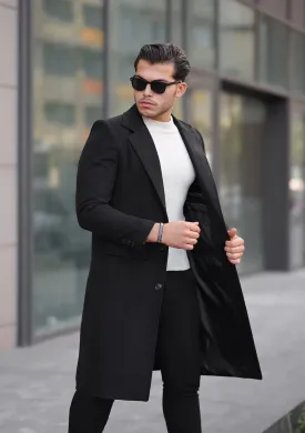 [John Shay] Black Long Single-Breasted Pea Coat 100% Wool