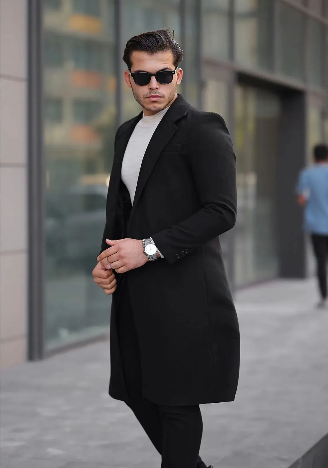 [John Shay] Black Long Single-Breasted Pea Coat 100% Wool