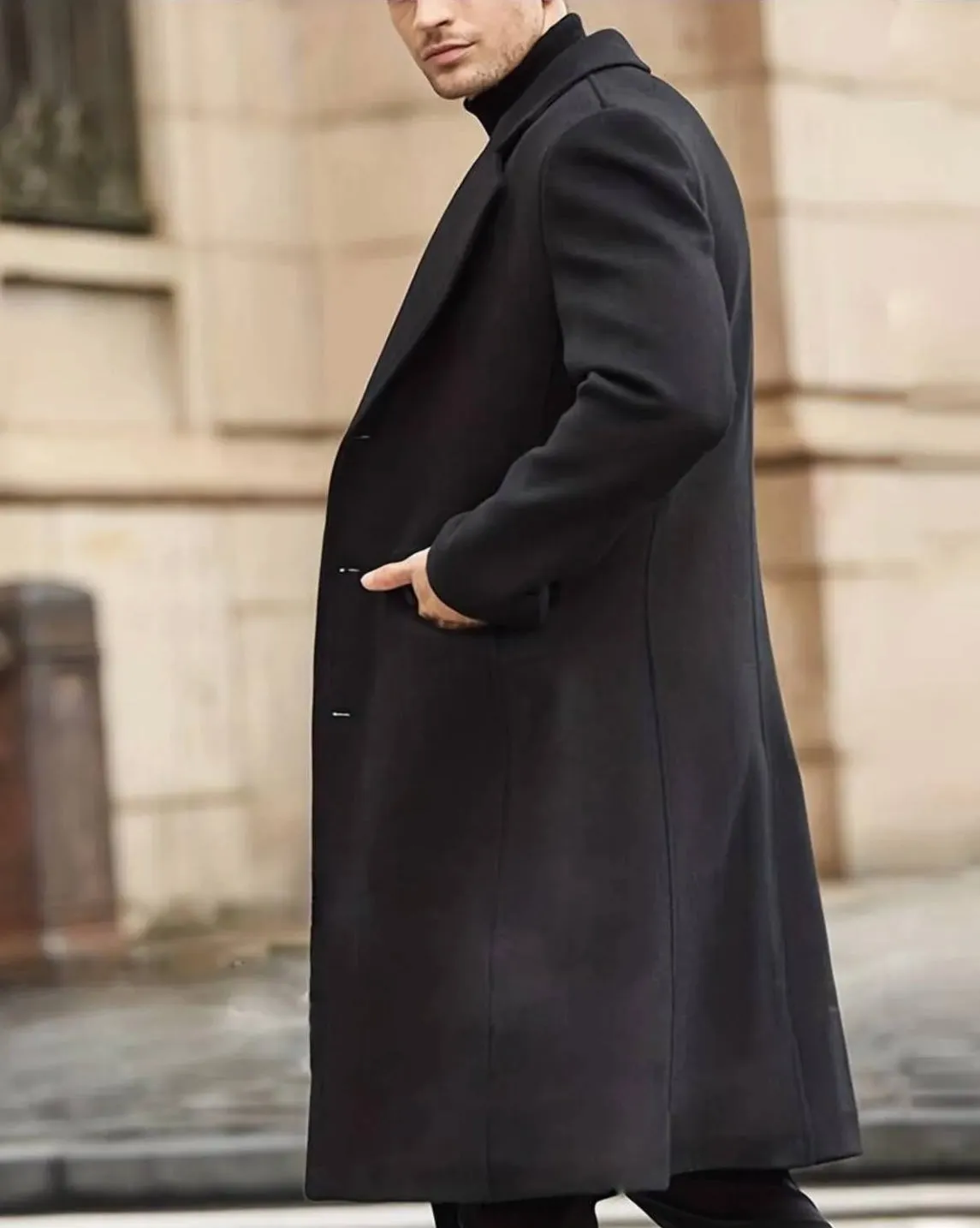 [John Shay] Black Long Single-Breasted Pea Coat 100% Wool