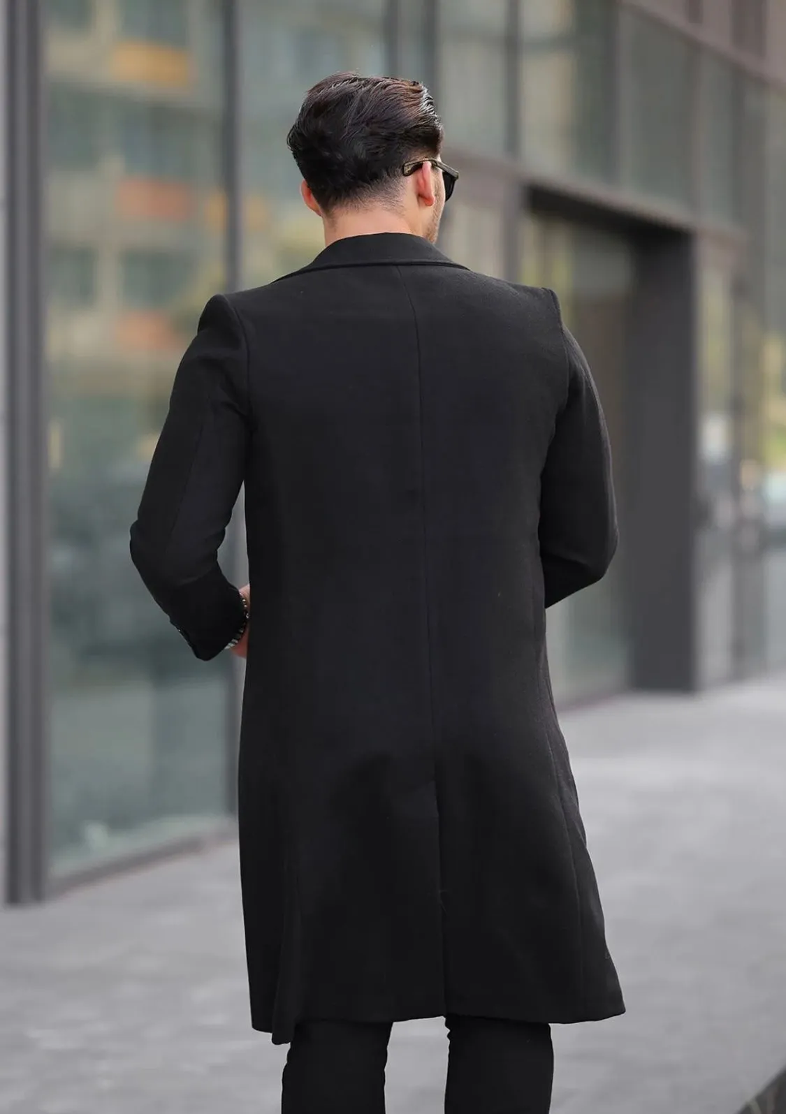 [John Shay] Black Long Single-Breasted Pea Coat 100% Wool