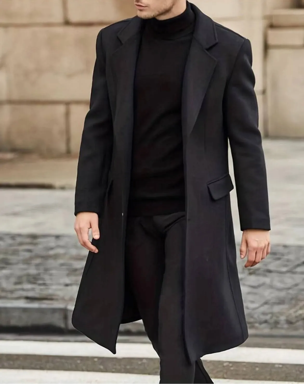 [John Shay] Black Long Single-Breasted Pea Coat 100% Wool