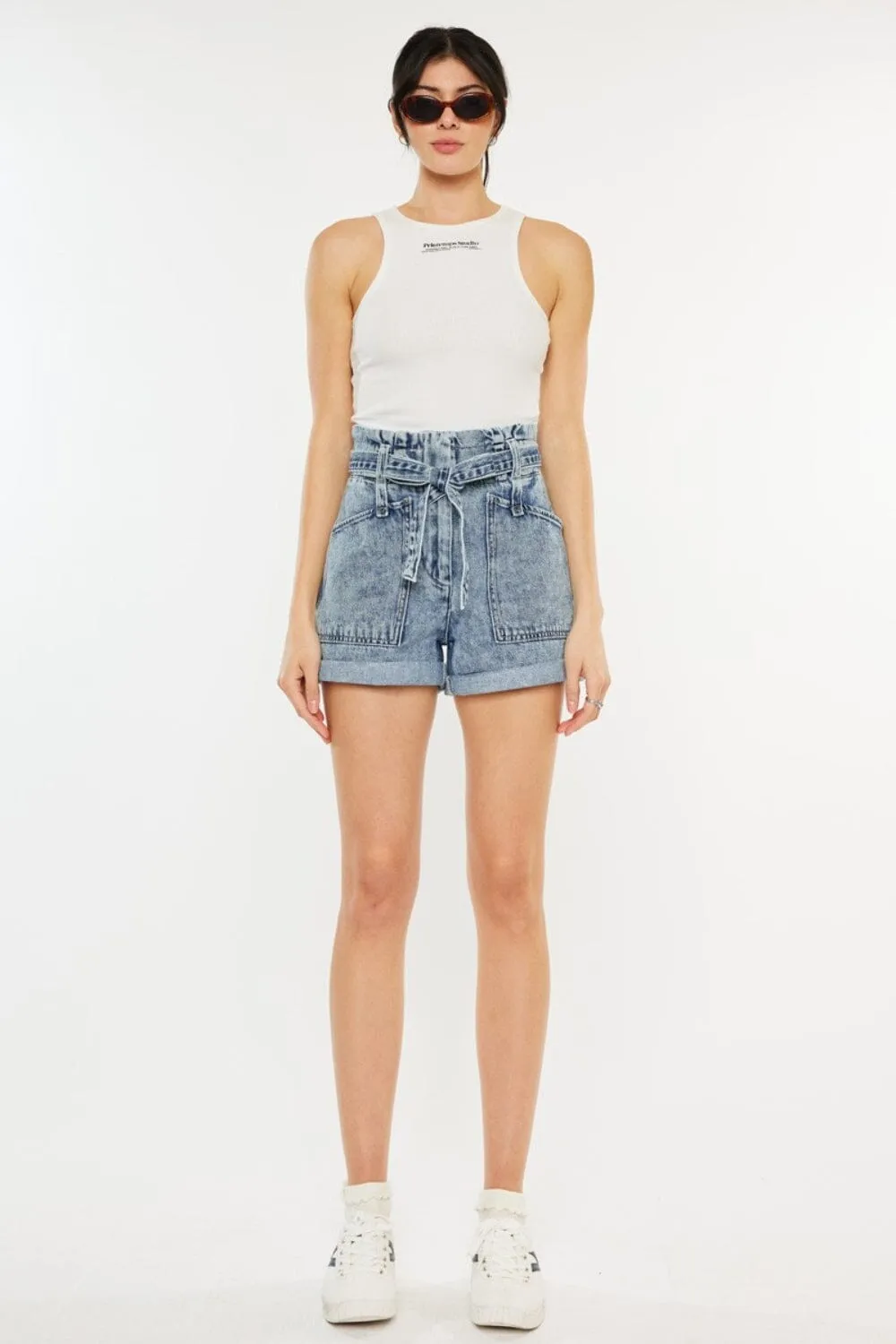 Kancan Medium Blue Ultra High Rise Paperbag Denim Shorts