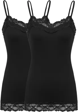 Kate Kasin Women's Adjustable Spaghetti Strap Lace Trim Cami Tunic Tank Top 2PACK
