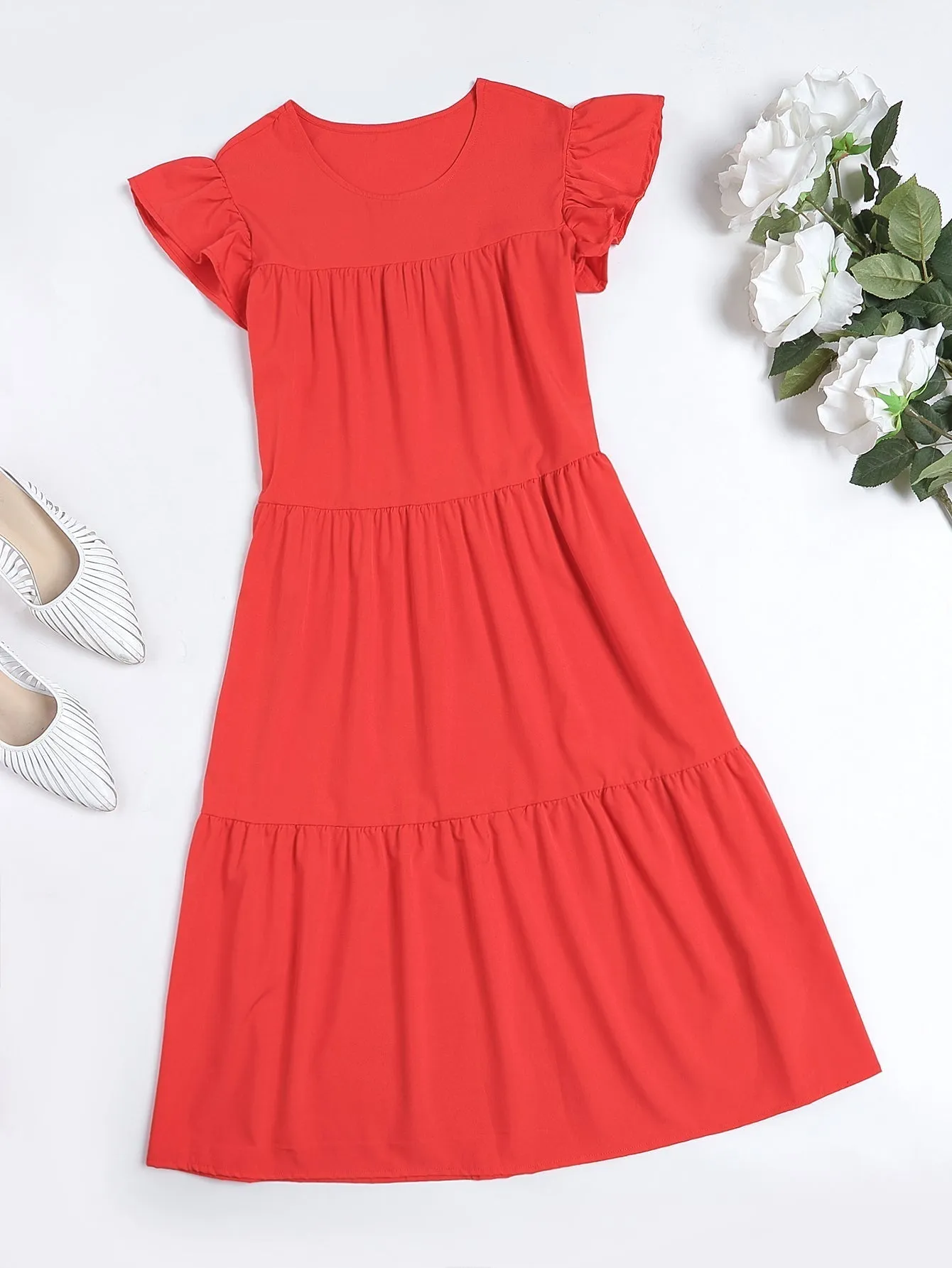 KittenAlarm - Oversized Solid Ruffle Hem Cap Sleeve Smock Dress