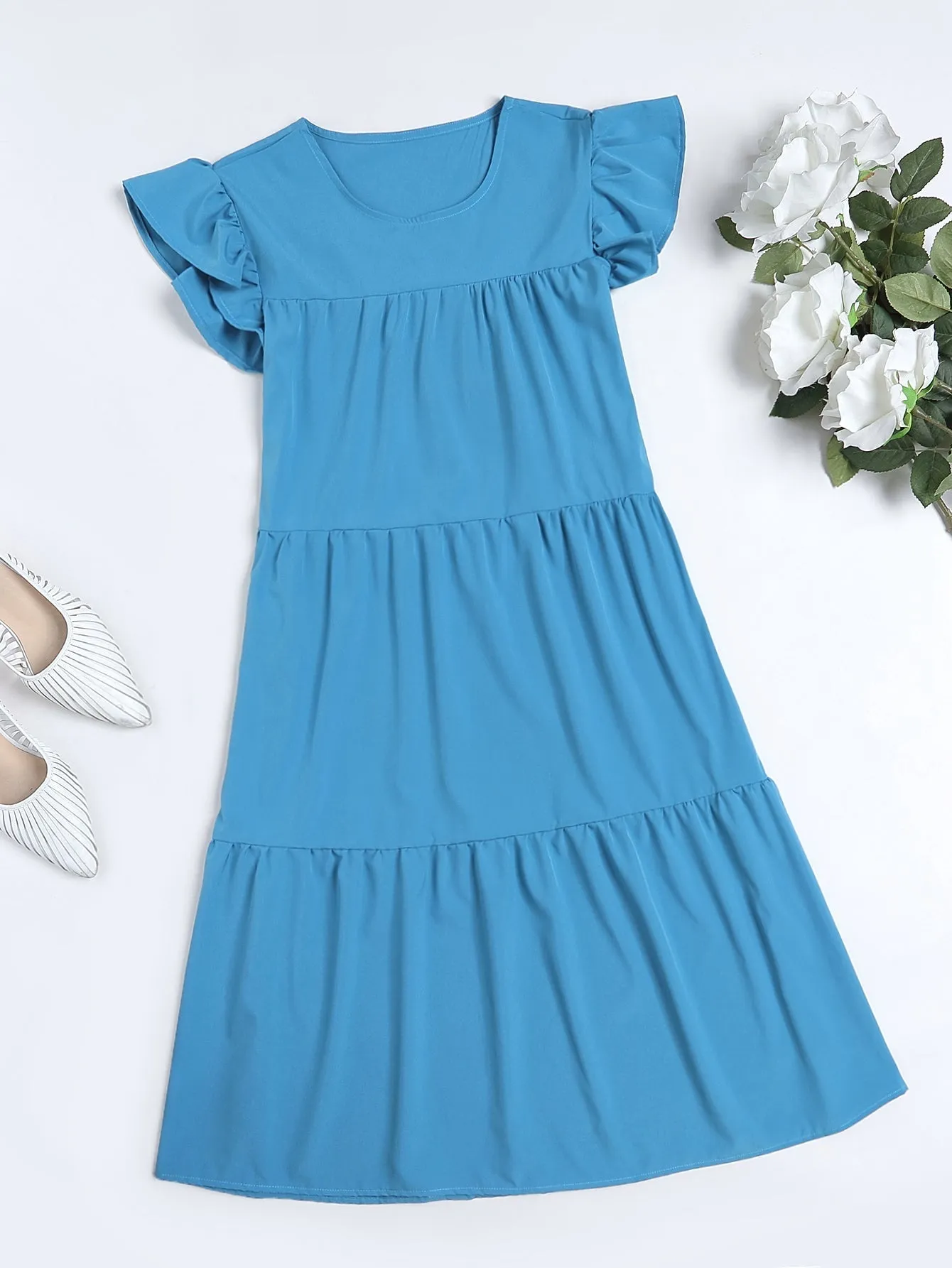 KittenAlarm - Oversized Solid Ruffle Hem Cap Sleeve Smock Dress