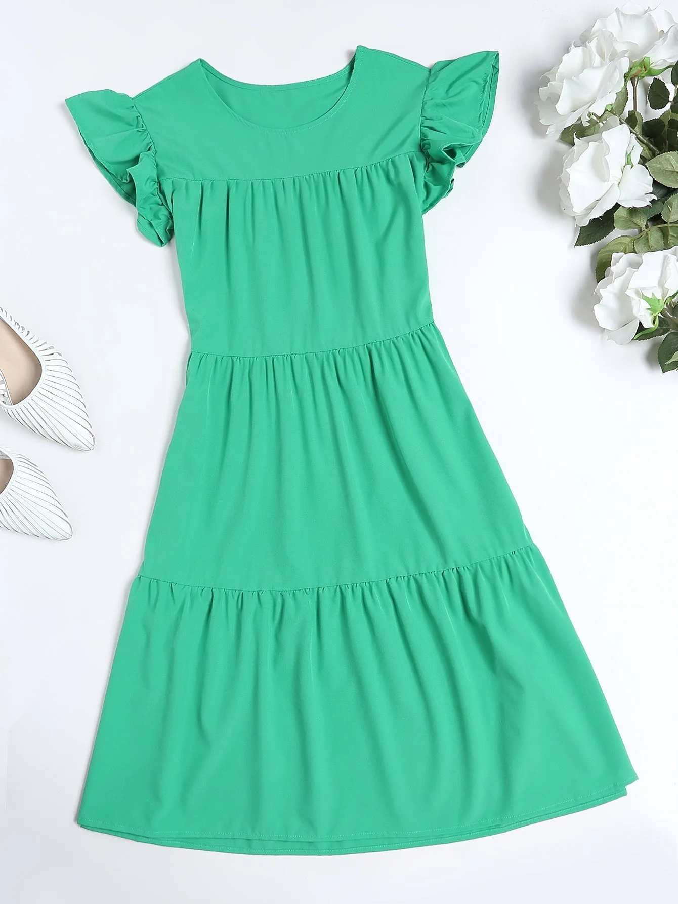 KittenAlarm - Oversized Solid Ruffle Hem Cap Sleeve Smock Dress
