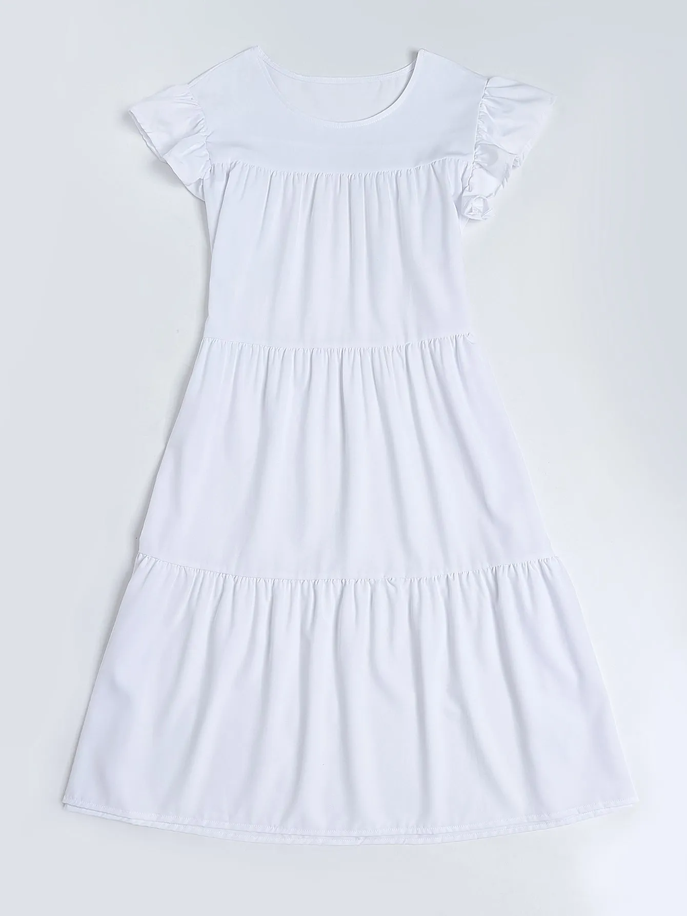 KittenAlarm - Oversized Solid Ruffle Hem Cap Sleeve Smock Dress