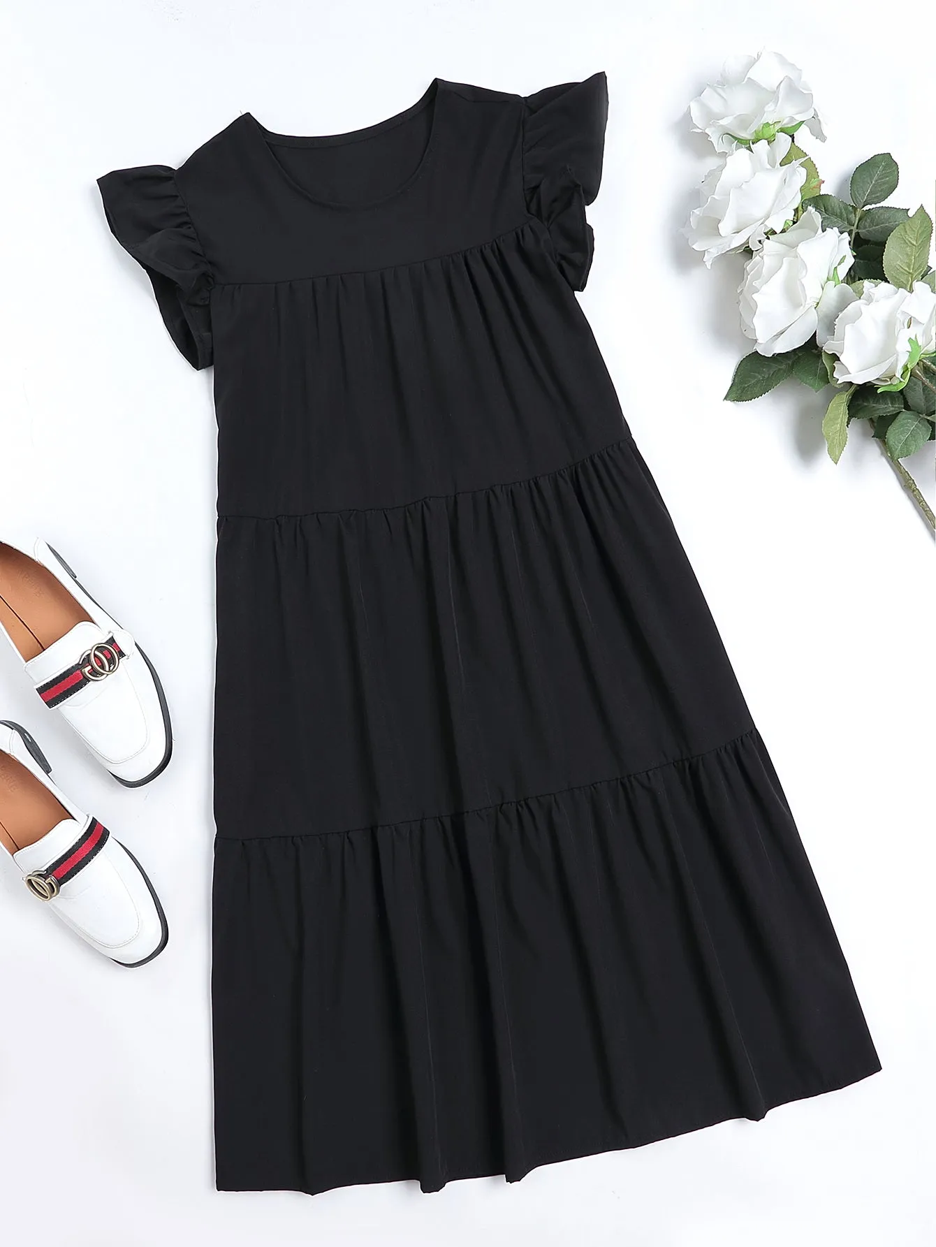 KittenAlarm - Oversized Solid Ruffle Hem Cap Sleeve Smock Dress