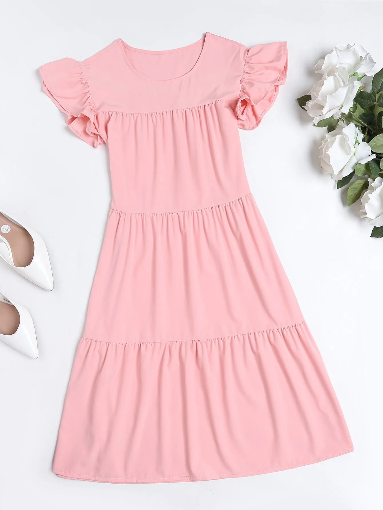 KittenAlarm - Oversized Solid Ruffle Hem Cap Sleeve Smock Dress