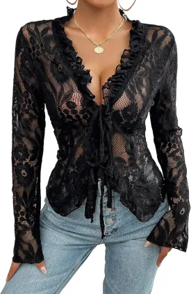 Lace Tops for Women Long Sleeve See Through Sexy Sheer Mesh Crop Top Shirt Open Front Tie Blouse Ruffle for Women