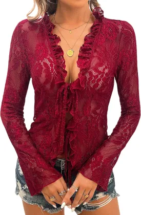 Lace Tops for Women Long Sleeve See Through Sexy Sheer Mesh Crop Top Shirt Open Front Tie Blouse Ruffle for Women