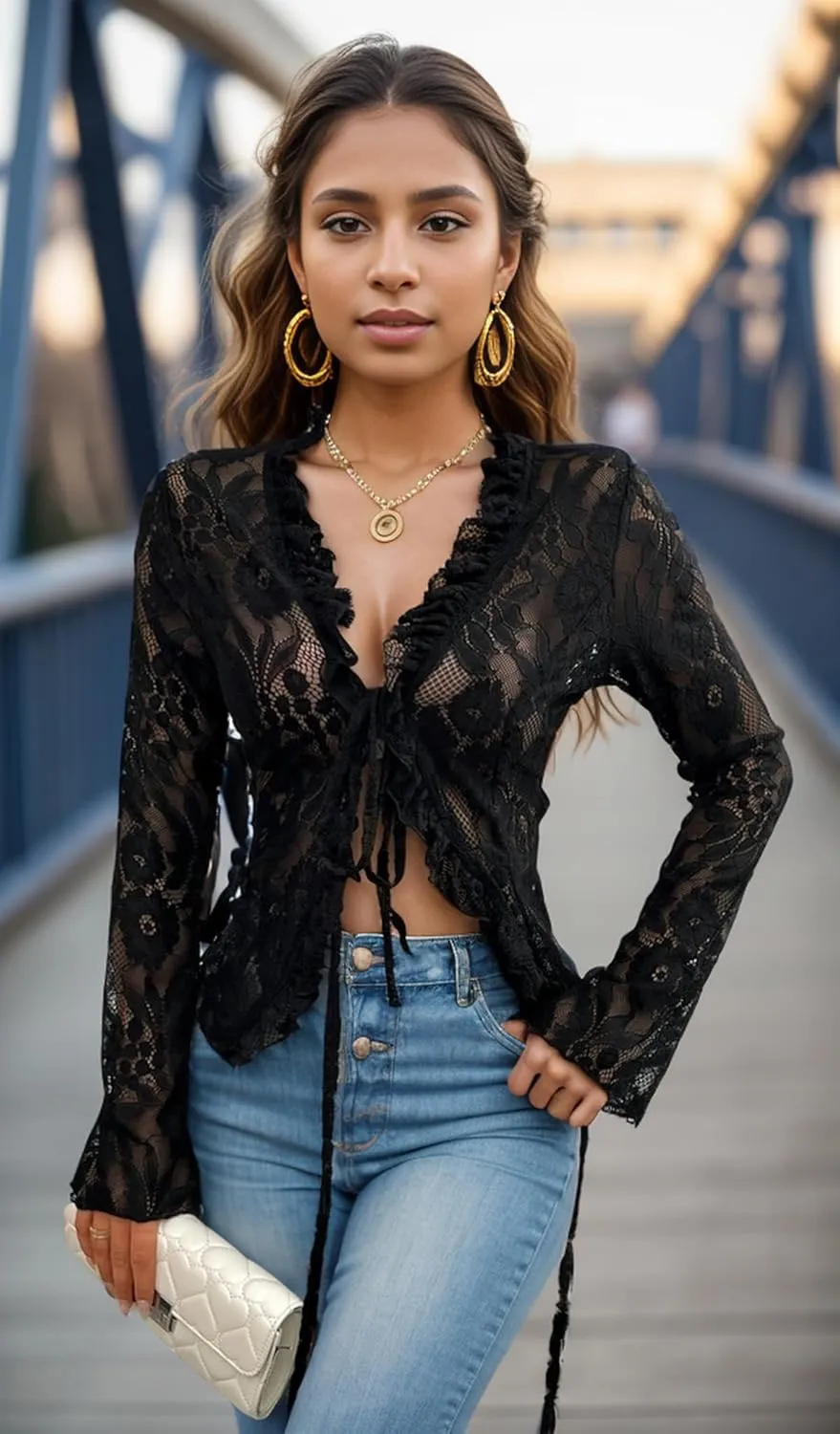 Lace Tops for Women Long Sleeve See Through Sexy Sheer Mesh Crop Top Shirt Open Front Tie Blouse Ruffle for Women