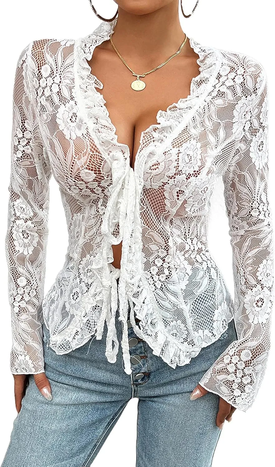Lace Tops for Women Long Sleeve See Through Sexy Sheer Mesh Crop Top Shirt Open Front Tie Blouse Ruffle for Women