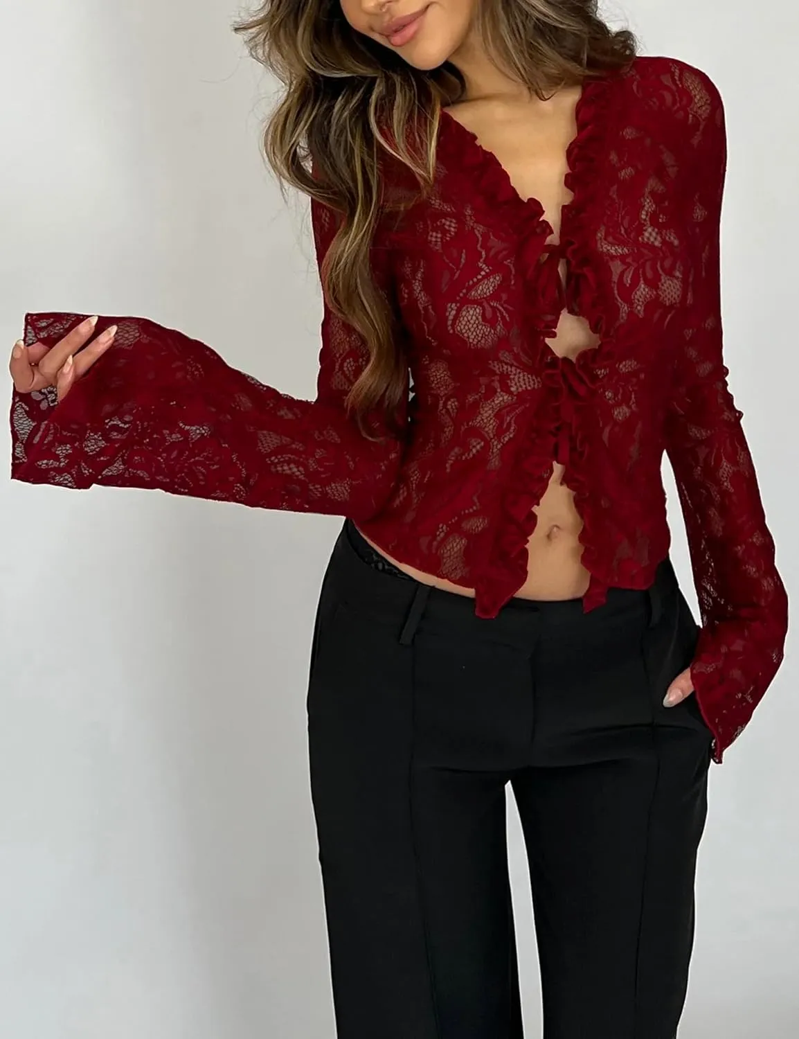 Lace Tops for Women Long Sleeve See Through Sexy Sheer Mesh Crop Top Shirt Open Front Tie Blouse Ruffle for Women