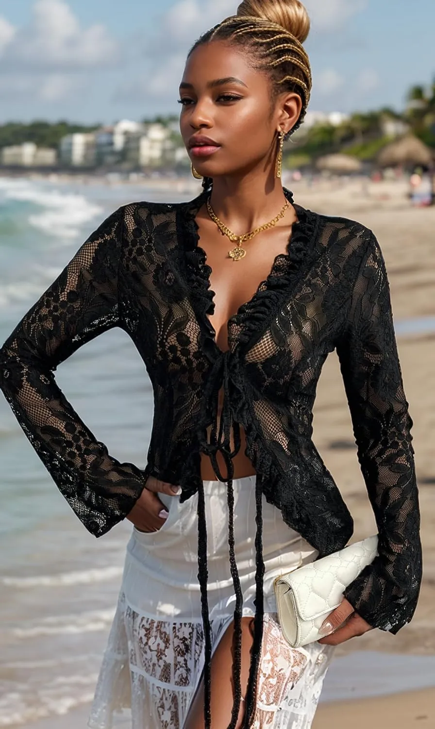 Lace Tops for Women Long Sleeve See Through Sexy Sheer Mesh Crop Top Shirt Open Front Tie Blouse Ruffle for Women