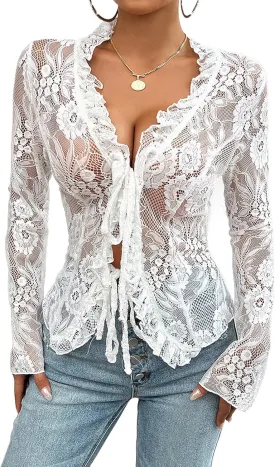Lace Tops for Women Long Sleeve See Through Sexy Sheer Mesh Crop Top Shirt Open Front Tie Blouse Ruffle for Women