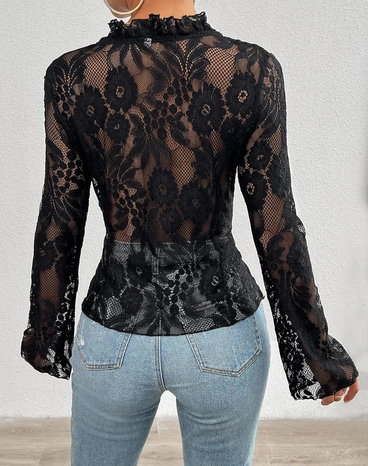 Lace Tops for Women Long Sleeve See Through Sexy Sheer Mesh Crop Top Shirt Open Front Tie Blouse Ruffle for Women