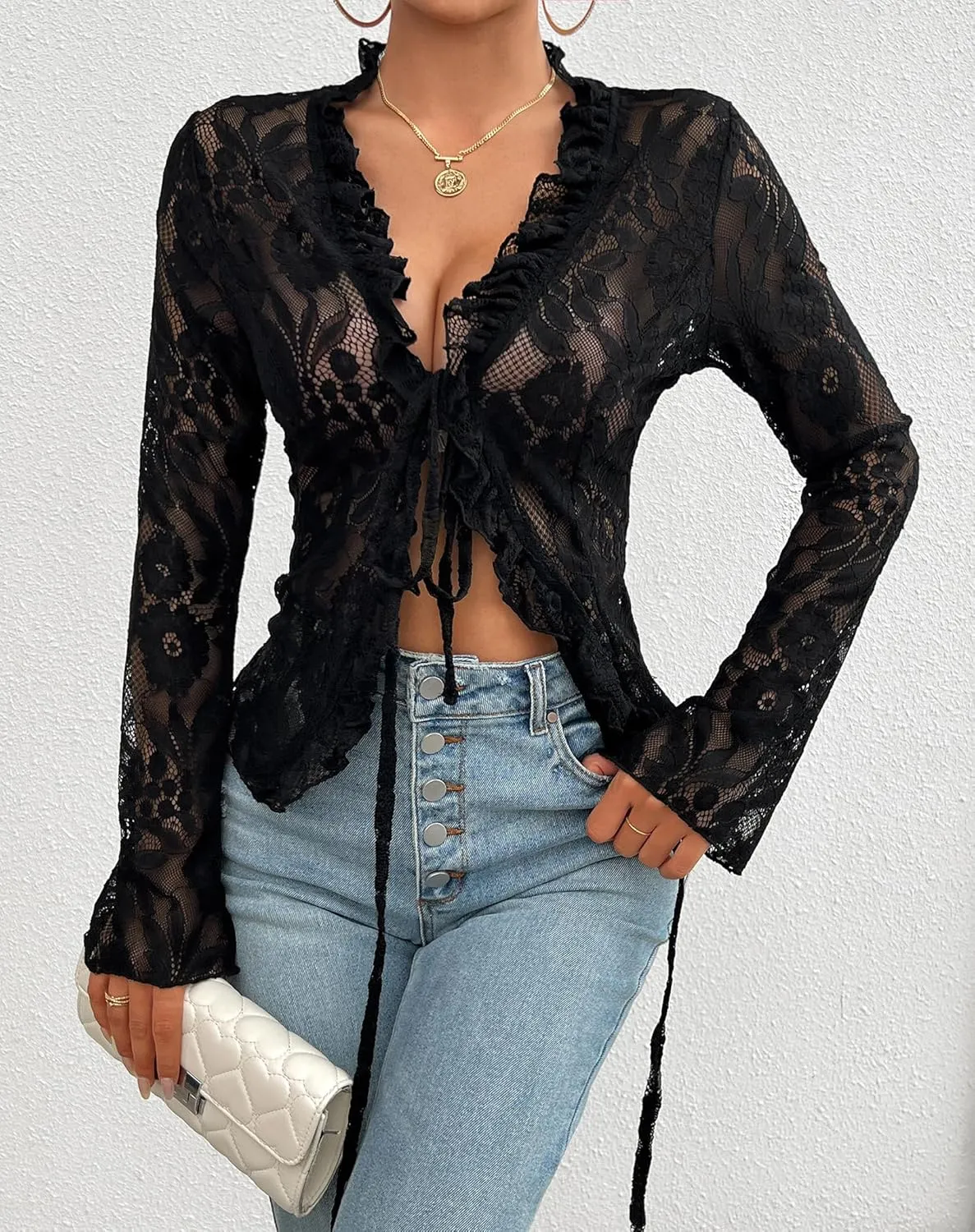 Lace Tops for Women Long Sleeve See Through Sexy Sheer Mesh Crop Top Shirt Open Front Tie Blouse Ruffle for Women