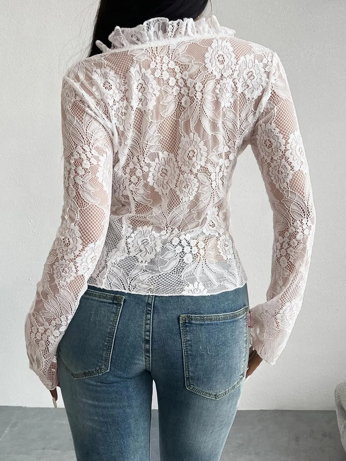 Lace Tops for Women Long Sleeve See Through Sexy Sheer Mesh Crop Top Shirt Open Front Tie Blouse Ruffle for Women