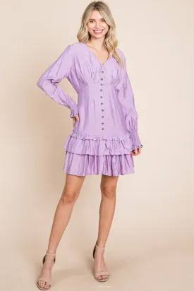 Lavender Tiered Hem Button Down Smocked Sleeve Dress