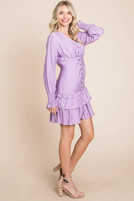 Lavender Tiered Hem Button Down Smocked Sleeve Dress