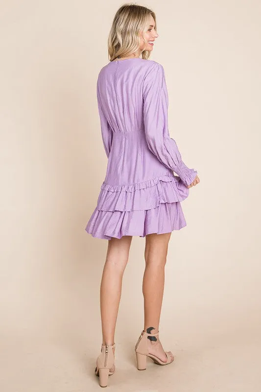 Lavender Tiered Hem Button Down Smocked Sleeve Dress