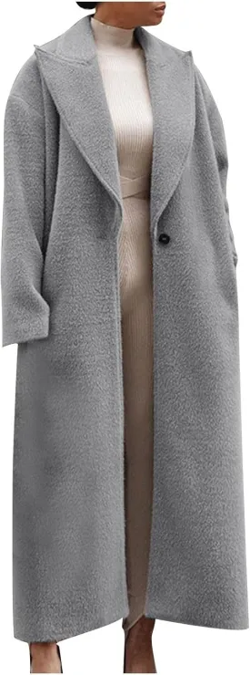 Long Trench Coat for Women Elegant Single Breasted Pea Coat Winter Warm Wool Blend Oversized Pea Coat with Pockets