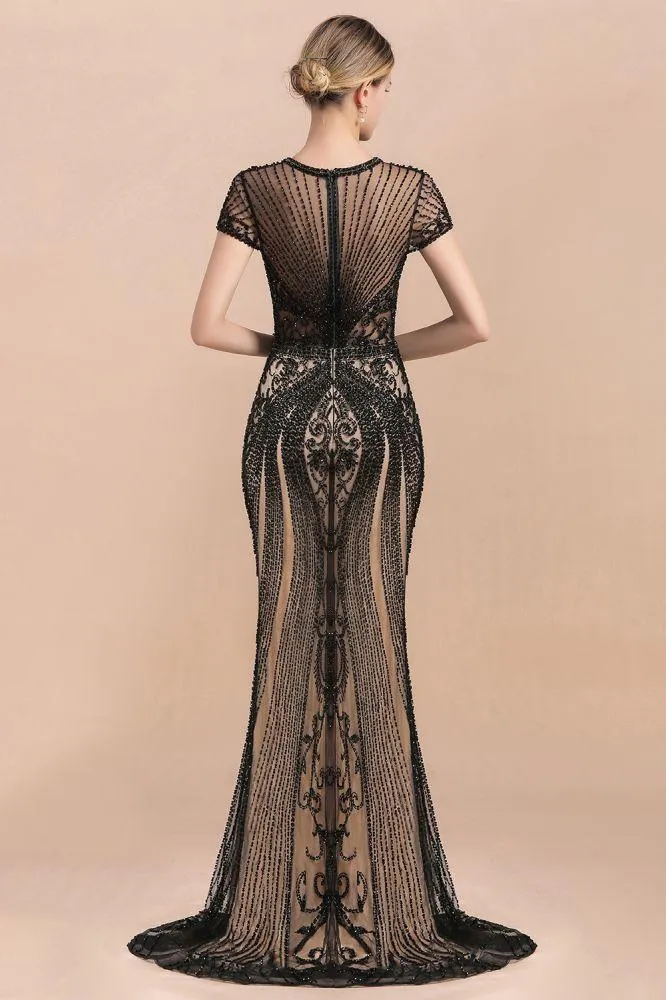 Luxury Black Covered Beaded Mermaid Prom Dress Cap Sleeves Party Dress