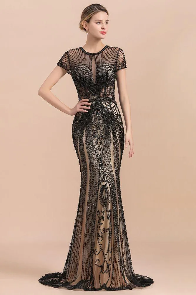 Luxury Black Covered Beaded Mermaid Prom Dress Cap Sleeves Party Dress
