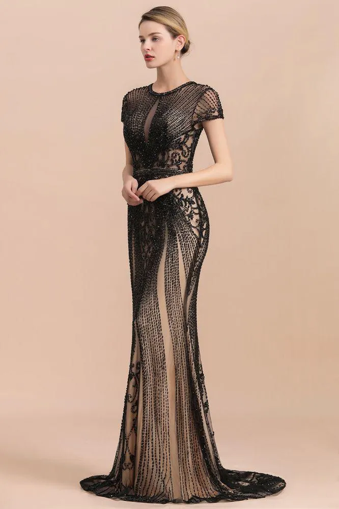 Luxury Black Covered Beaded Mermaid Prom Dress Cap Sleeves Party Dress