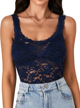 LYANER Women's Floral Lace Scallop Spaghetti Strap Sleeveless Sheer Tank Cami Top Blouse