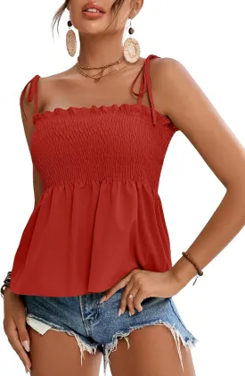 LYANER Women's Tie Shoulder Frill Shirred Ruffle Hem Sleeveless Strappy Cami Blouse Peplum Top
