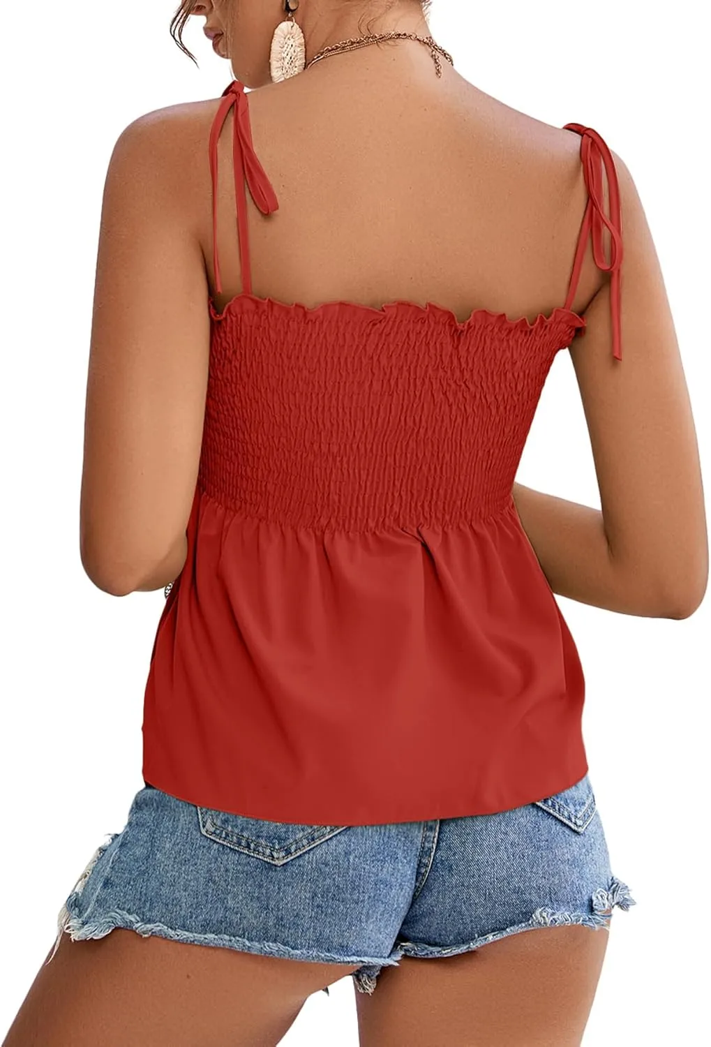 LYANER Women's Tie Shoulder Frill Shirred Ruffle Hem Sleeveless Strappy Cami Blouse Peplum Top