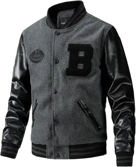 Men's Baseball Jacket Fashion Padded College Varsity Jackets Faux Leather Sleeves Button Down Bomber Coat