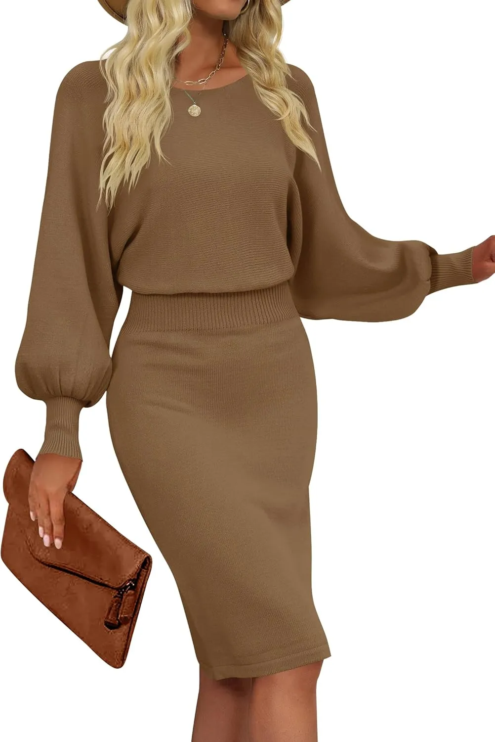 MIROL Women's Casual 2025 Long Puff Sleeve Solid Bodycon Midi Dress Ribbed Knit Oversized Pullover Sweater Dress