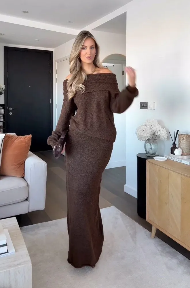 NA-KD Brown Knitten Sweater And Maxi Skirt Set UK S/M