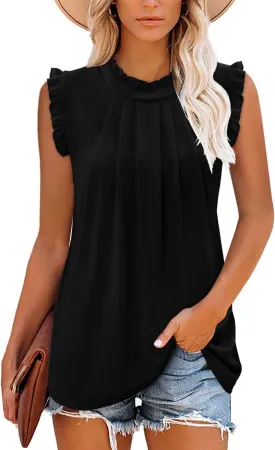 onlypuff Womens Tank Tops Sleeveless Pleated Crew Neck Shirts Dressy Casual Work Cami Blouse