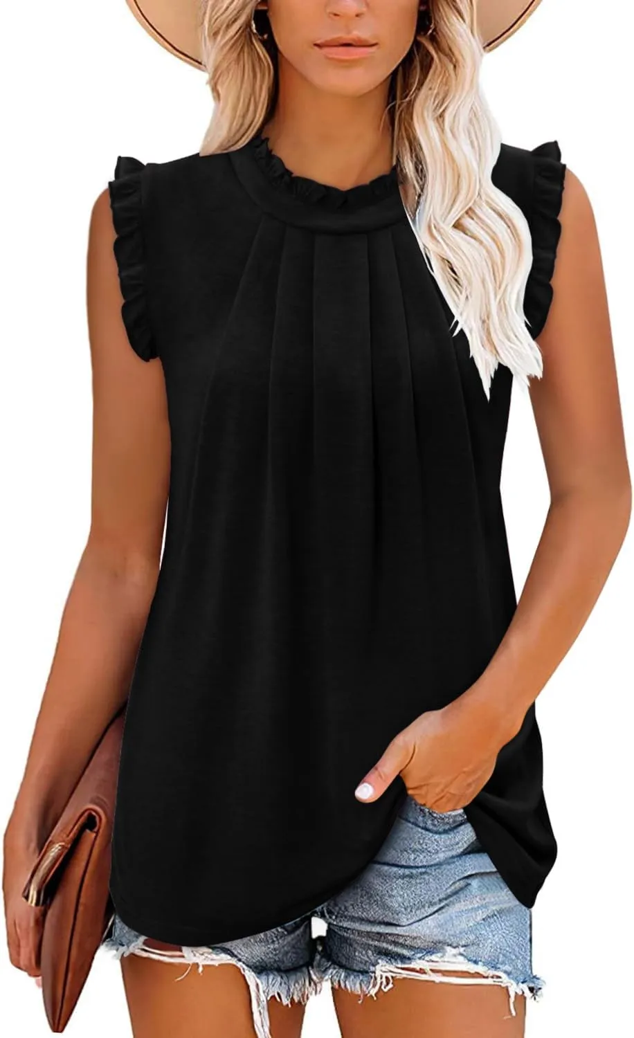 onlypuff Womens Tank Tops Sleeveless Pleated Crew Neck Shirts Dressy Casual Work Cami Blouse