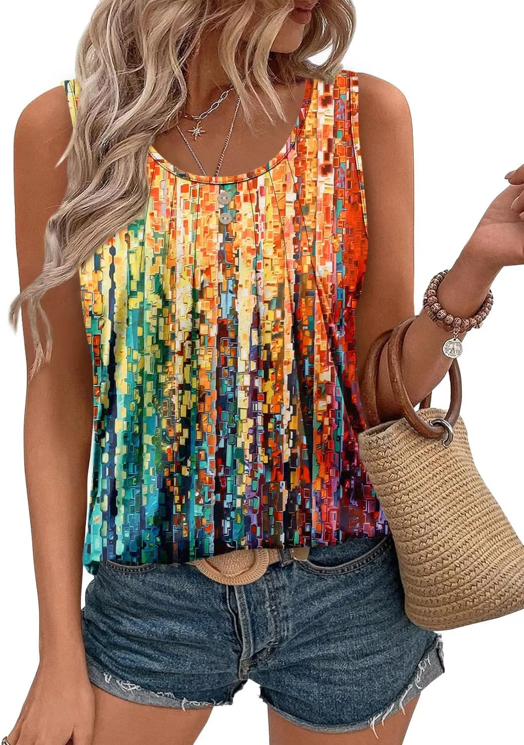 onlypuff Womens Tank Tops Sleeveless Pleated Crew Neck Shirts Dressy Casual Work Cami Blouse