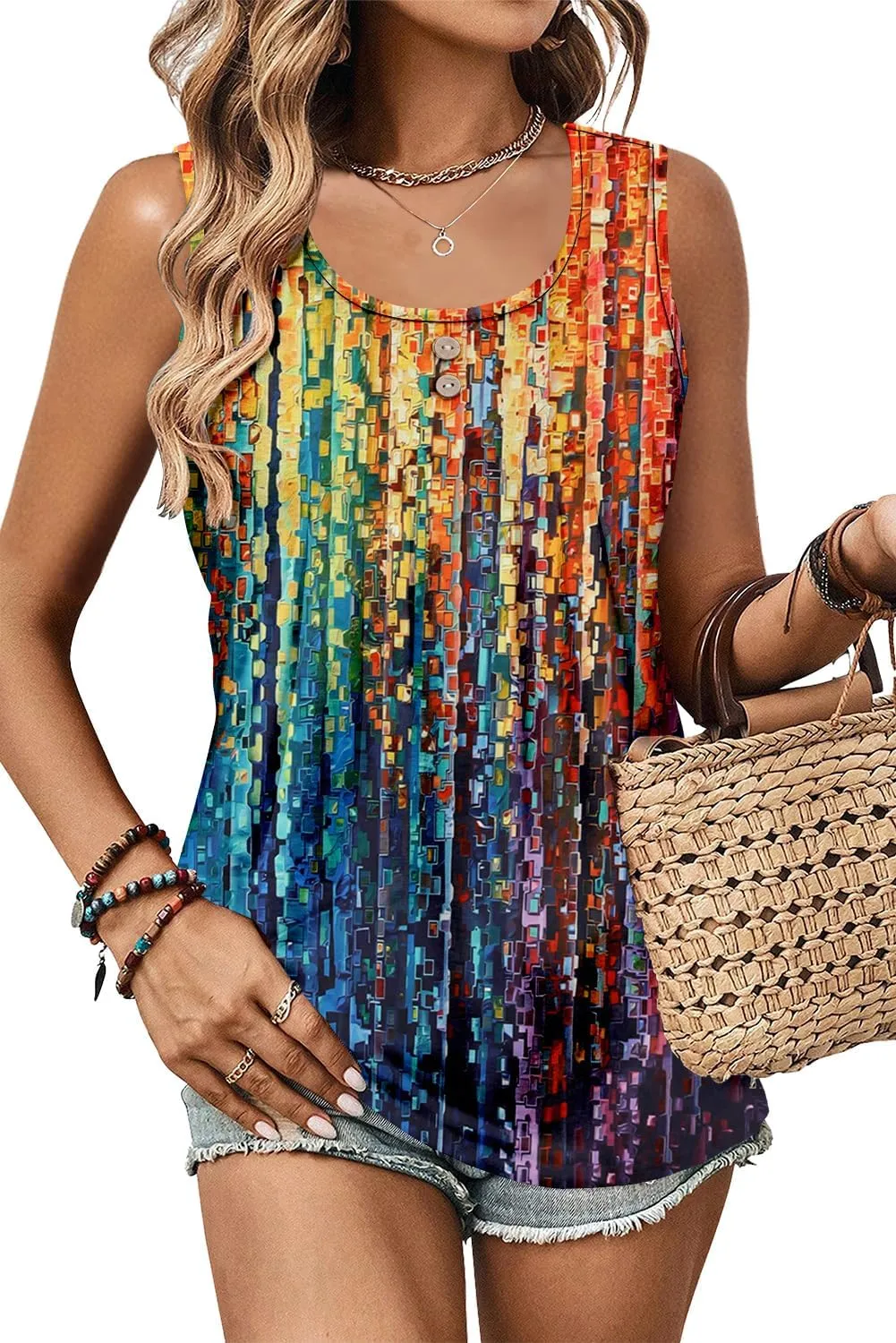 onlypuff Womens Tank Tops Sleeveless Pleated Crew Neck Shirts Dressy Casual Work Cami Blouse