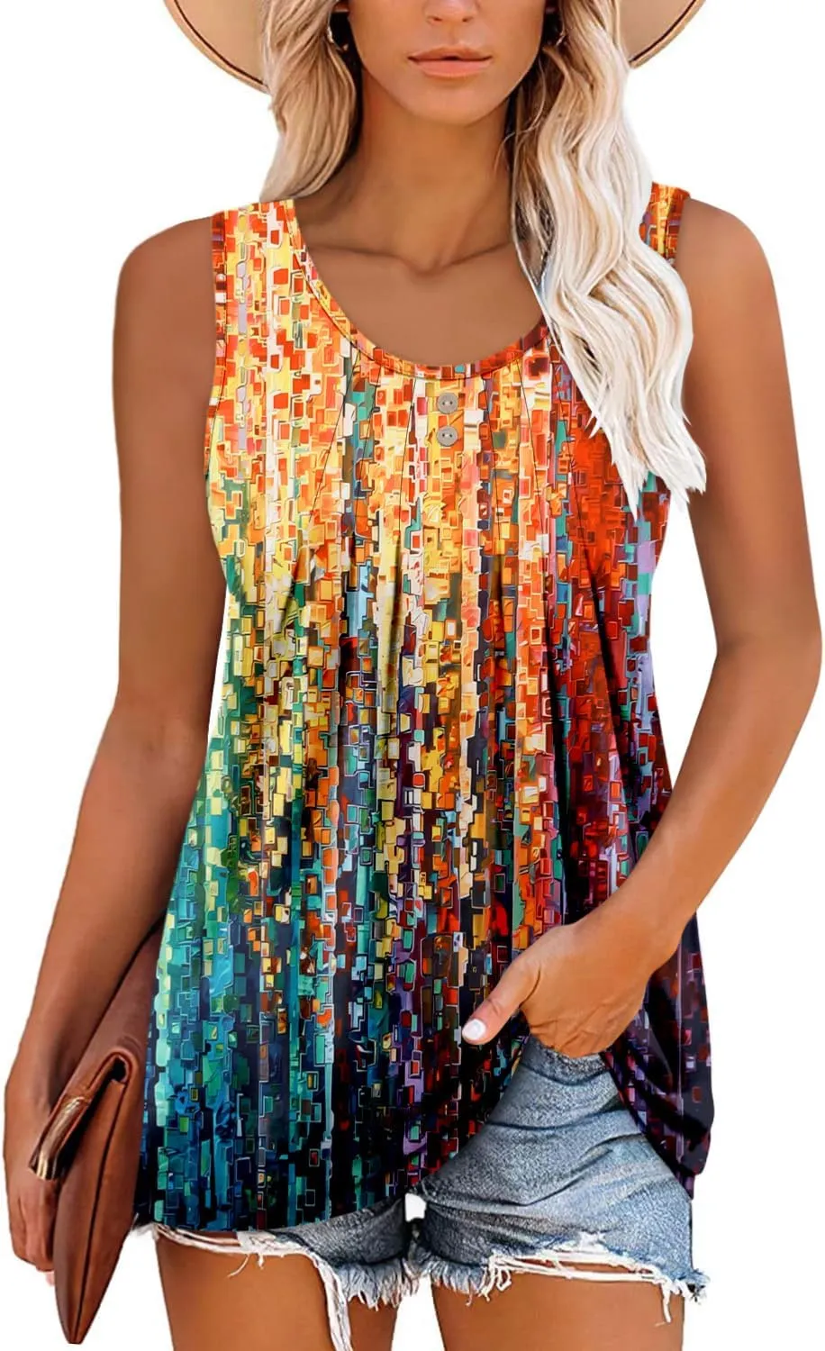 onlypuff Womens Tank Tops Sleeveless Pleated Crew Neck Shirts Dressy Casual Work Cami Blouse